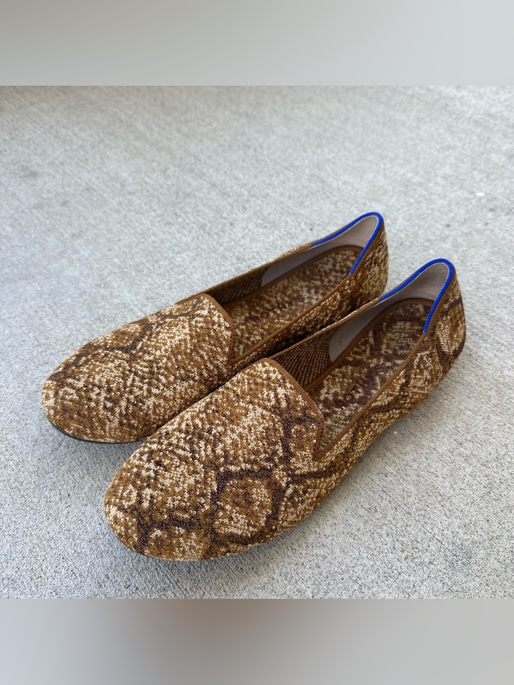 Rothy's Brown Snake-Print Knit Loafers with Blue Trim